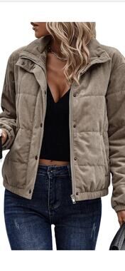 Womens Corduroy Padded Puffer Jacket Zip Up Long Sleeve Winter Warm Coat Casual